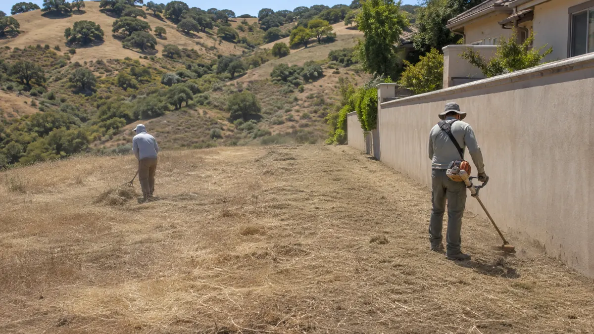 Brush crew cutting back dry grass and dead brush around a hillside home during defensible space clearance in Chino Hills