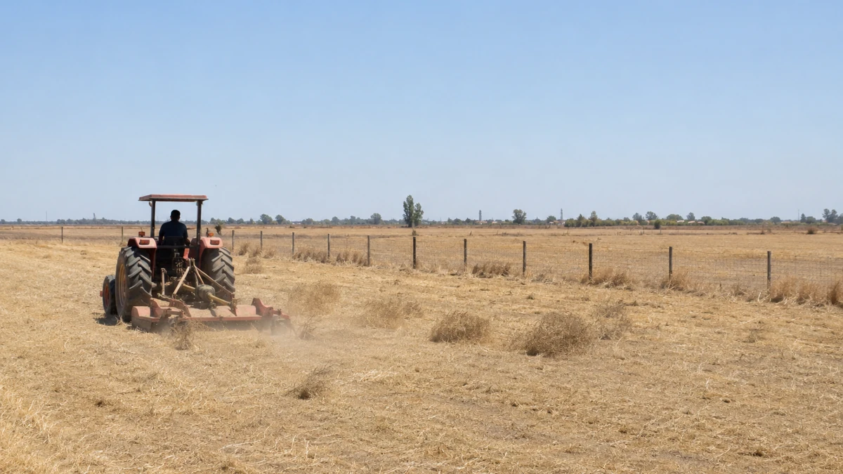Tractor mowing dry grass and tumbleweed during land clearing on a flat vacant parcel in Chino, California, with fencing along the property line
