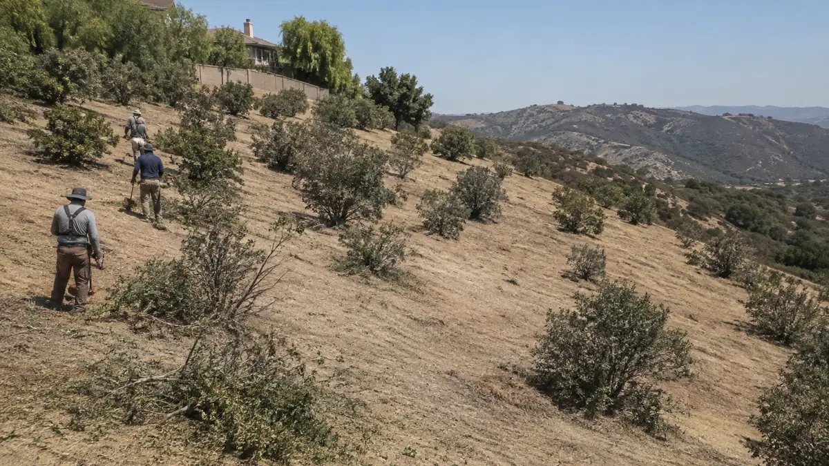 Crew thinning dry chaparral during land clearing on a steep back slope behind a Yorba Linda, California hillside home