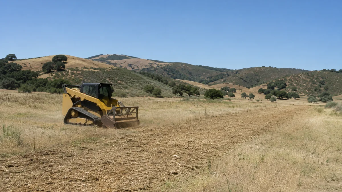 Skid steer clearing weeds and debris from a vacant parcel of land in the Chino Valley with hills in the background